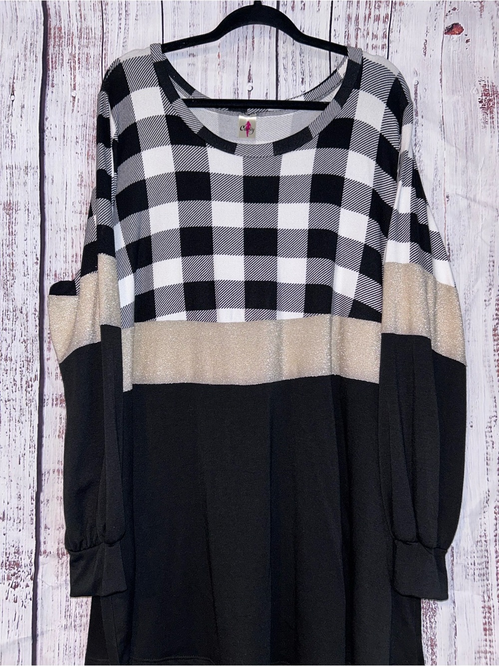 Plaid Colorblock Tunic with Gold Band - Women's Black/White